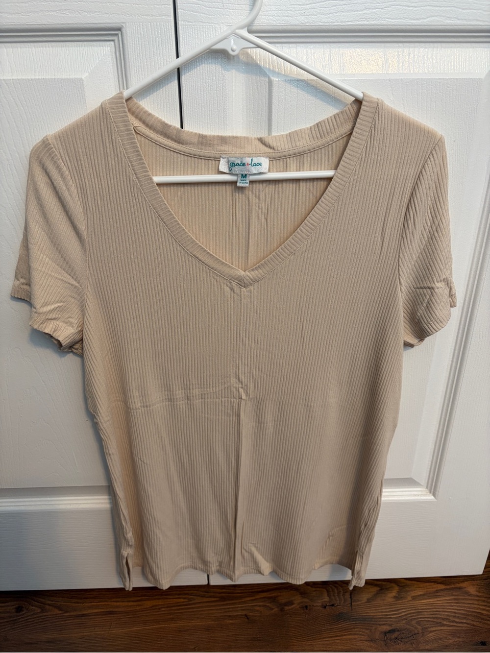 Grace & Lace Ribbed V-Neck Tee in Beige